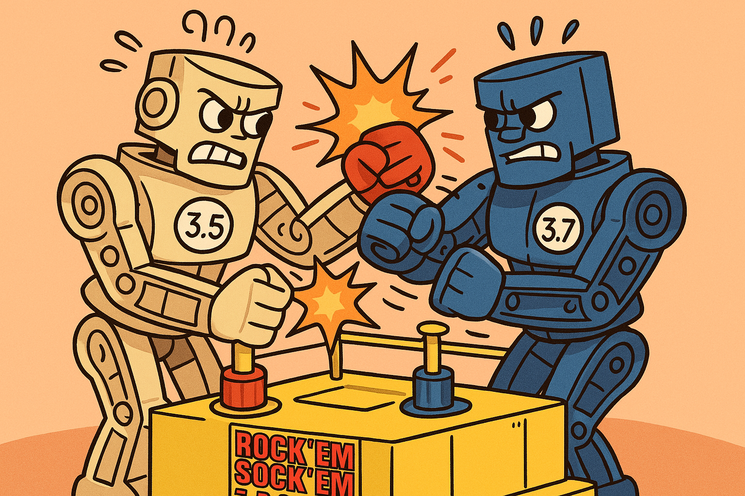 Two robots representing Claude 3.5 & 3.7 playing Rock 'em Sock 'em Robots, generated by ChatGPT