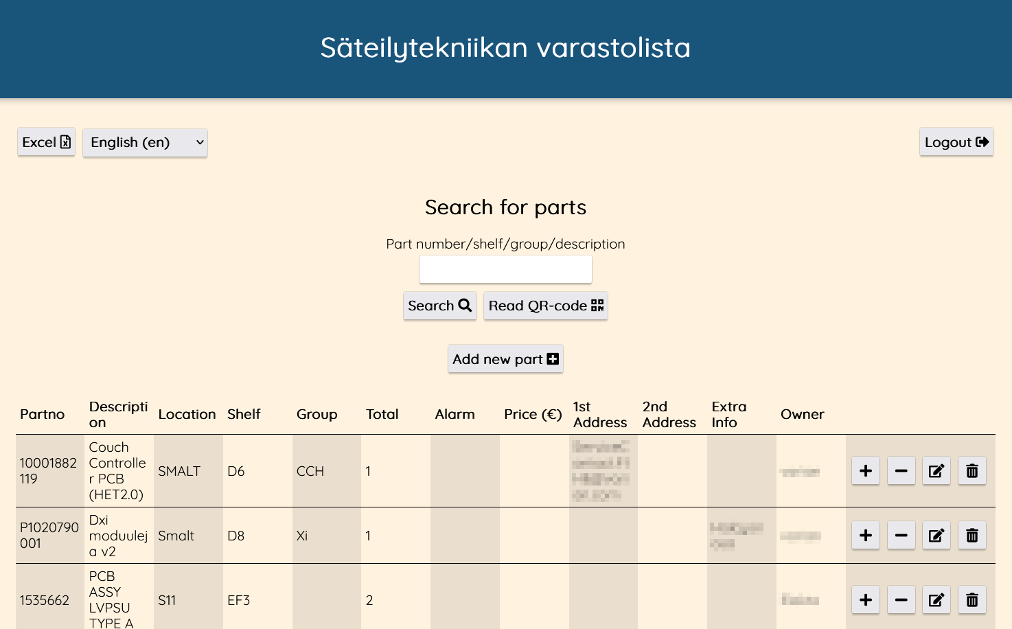 Screenshot of the Varastolista interface
